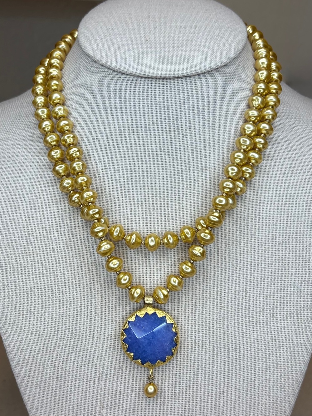 Artisan Double Strand Gold Baroque Pearl Necklace w/Cobalt Blue Cabochon Pendant